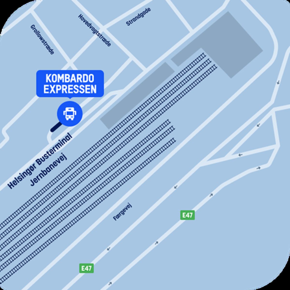 Kombardo Expressen kort ved Helsingør Busterminal med vejforbindelser og togspor i oversigtsvisning.
