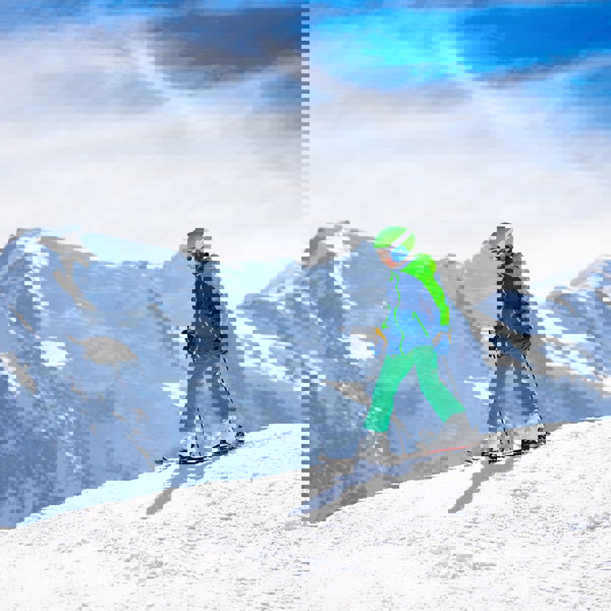 Sfw 1200X800 Little Skier On The Top Of Snowy Peak At Sunny Day