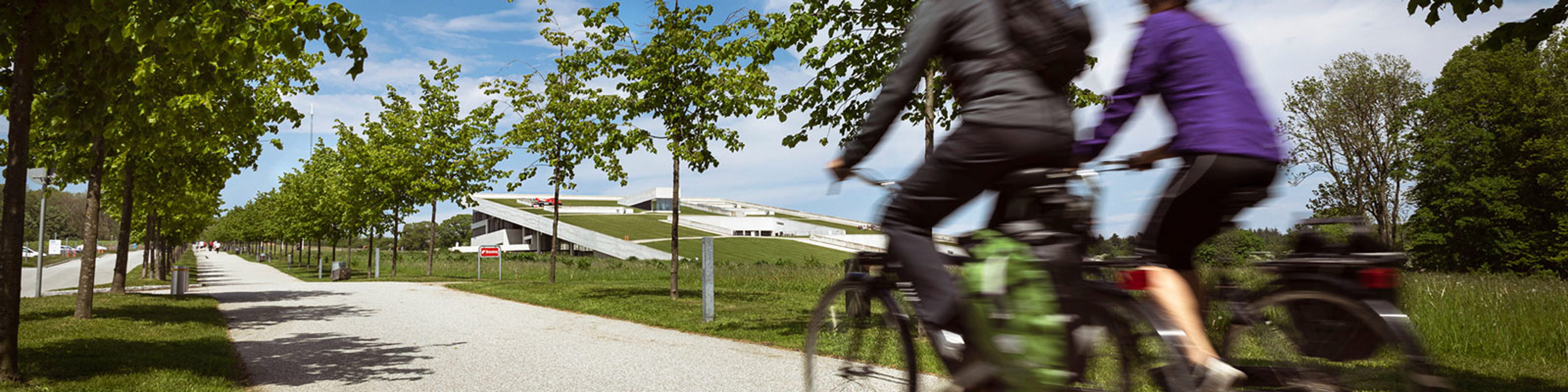 Cyclister cykler på sti foran moderne bygning omkranset af grønne træer på en solskinsdag.