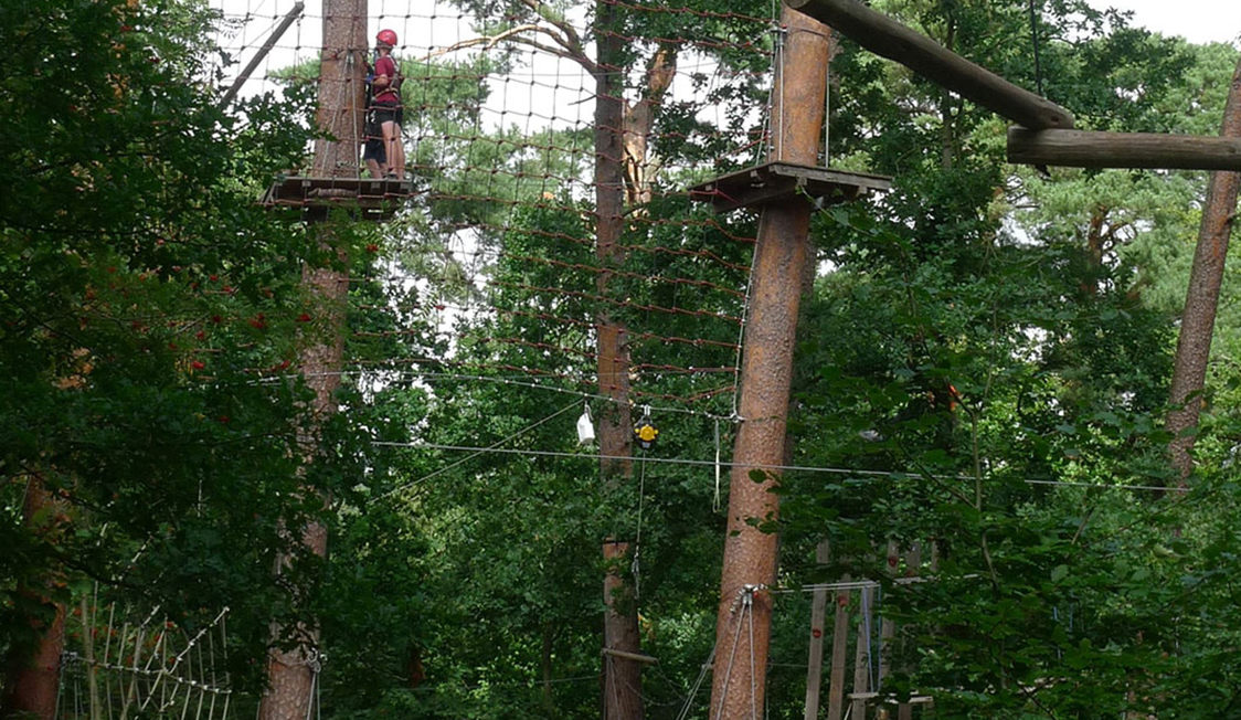Person iført sikkerhedsudstyr klatrer på en høj svævebane mellem træer i en skov.
