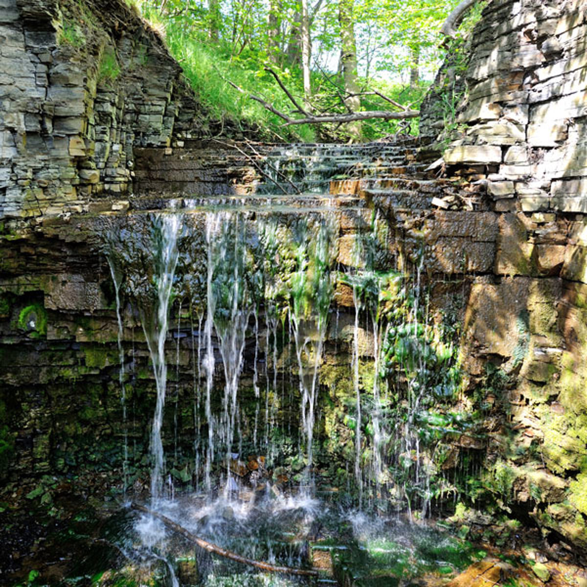 Waterfall in forest flowing over layered rocks covered in moss and green algae.