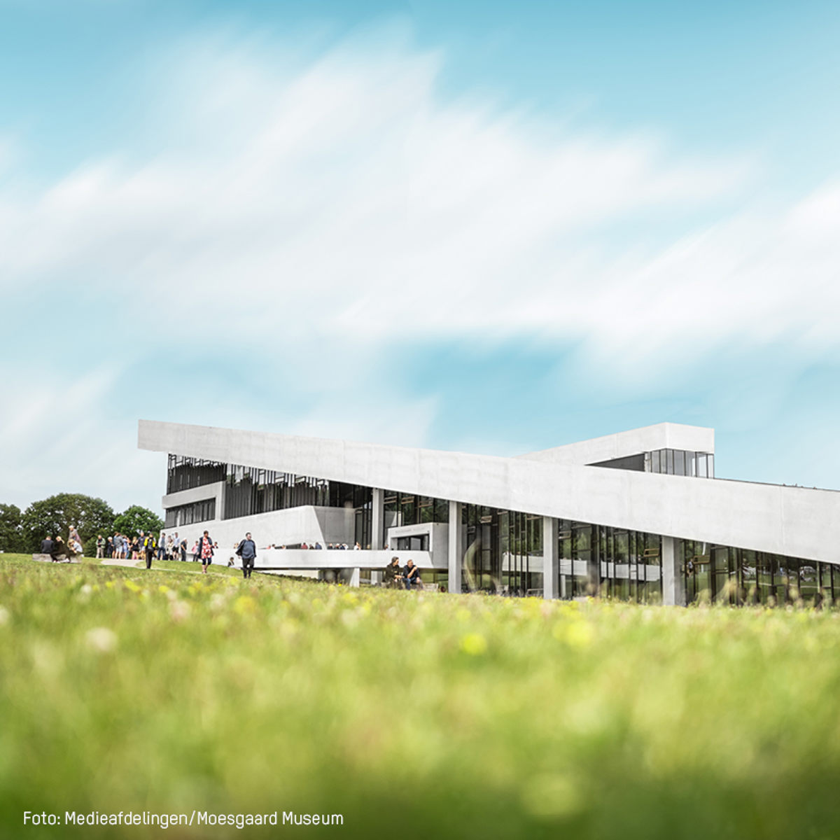 Moesgaard Museum med moderne arkitektur set fra græsplæne under blå himmel med skyer.