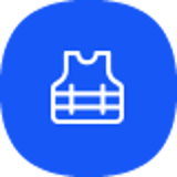 Redningsvest-ikon på blå baggrund, der repræsenterer sikkerhedsudstyr til søs, set forfra med enkel stregdesign.