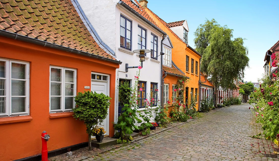 Färgglada hus på en pittoresk gata i Helsingør med växtlighet och kullerstensbelagd gångväg.
