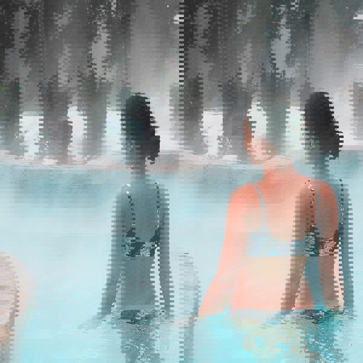 Sfw 1200X800 Winter Wellness Spa Resort Woman Swimming In Hot Spring Thermal Pools Bath At Luxury Health Center