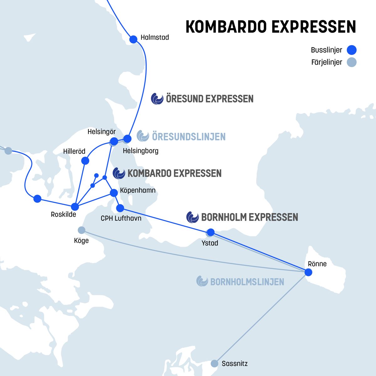 Karta över rutter för Kombardo Expressen och Bornholm Expressen visar förbindelser från Danmark till Bornholm.