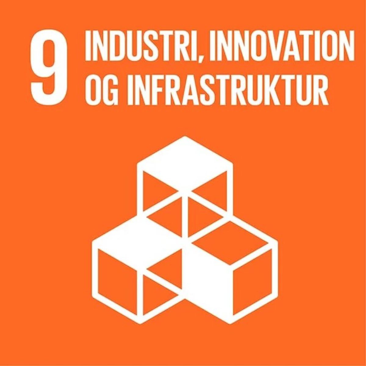 Bæredygtighedsmål 9 ikon med fokus på industri, innovation og infrastruktur i hvidt på en orange baggrund.