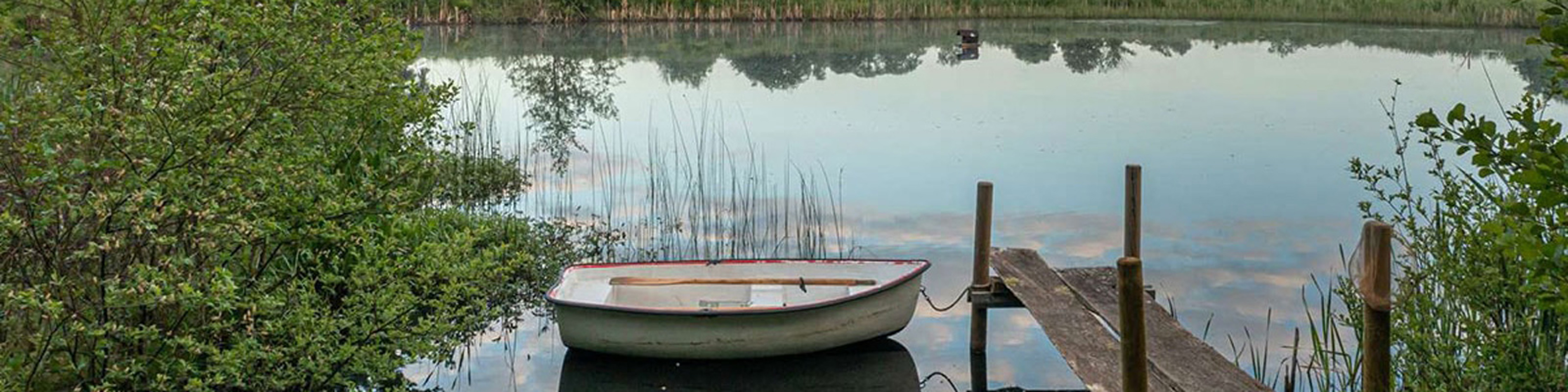Traditionell eka vid brygga omgiven av lummig vegetation och lugnt vatten i Nordsjällands natursköna miljö.
