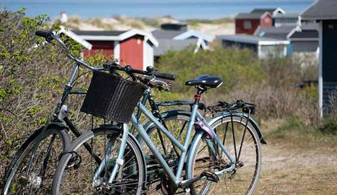 Parkerade cyklar vid sjöutsikt och röda stugor i bakgrunden.