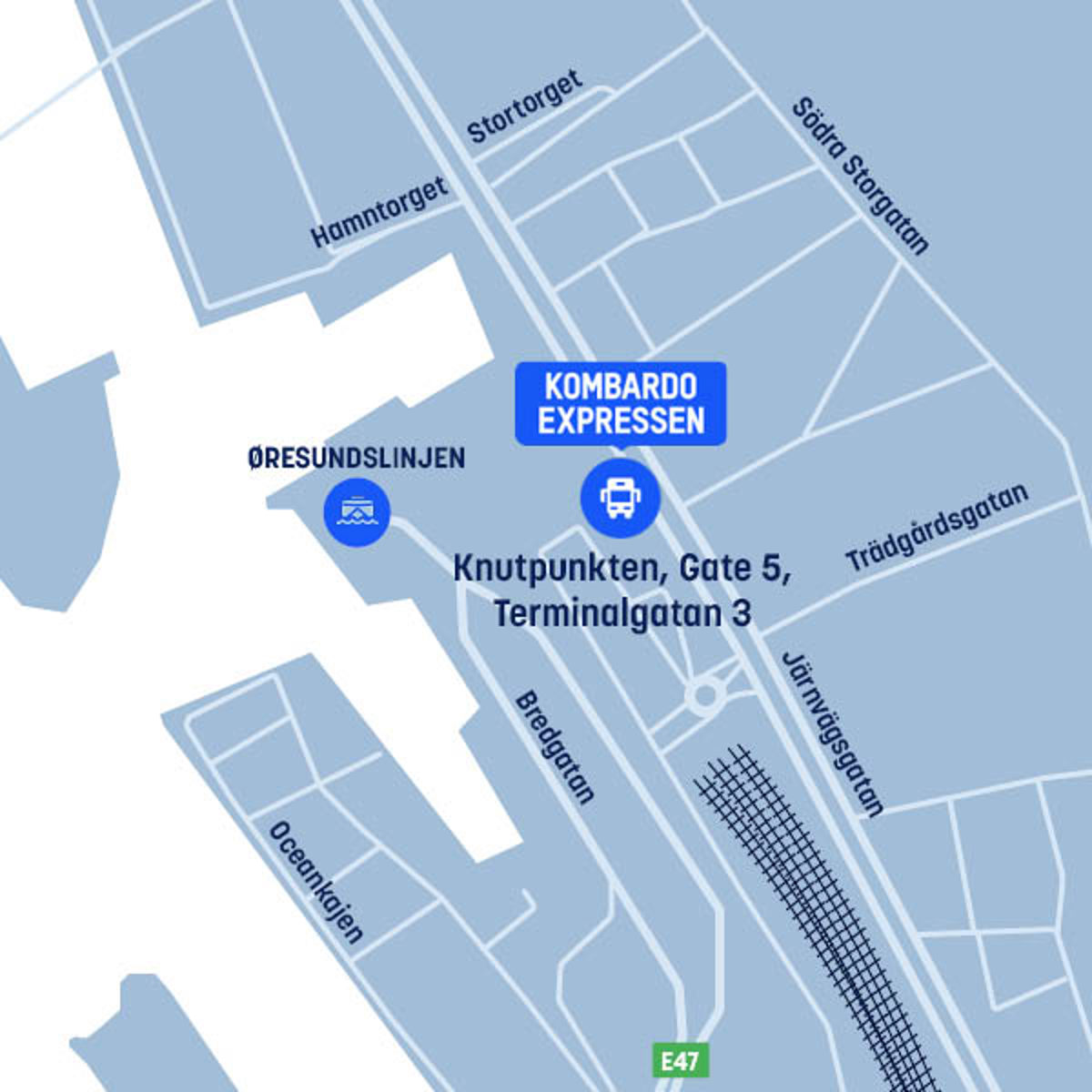 Karta över Helsingborg med Kombardo Expressen och Öresundslinjen markerade vid Knutpunkten, Gate 5, Terminalgatan 3.