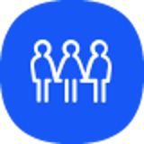 Samarbejde ikon med tre skikkelser i hvid på blå baggrund.