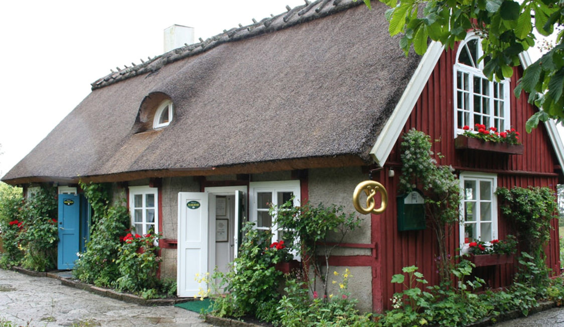 Rødt bindingsværkshus med stråtag og hvide vinduer, omgivet af blomstrende planter og grønt løv.