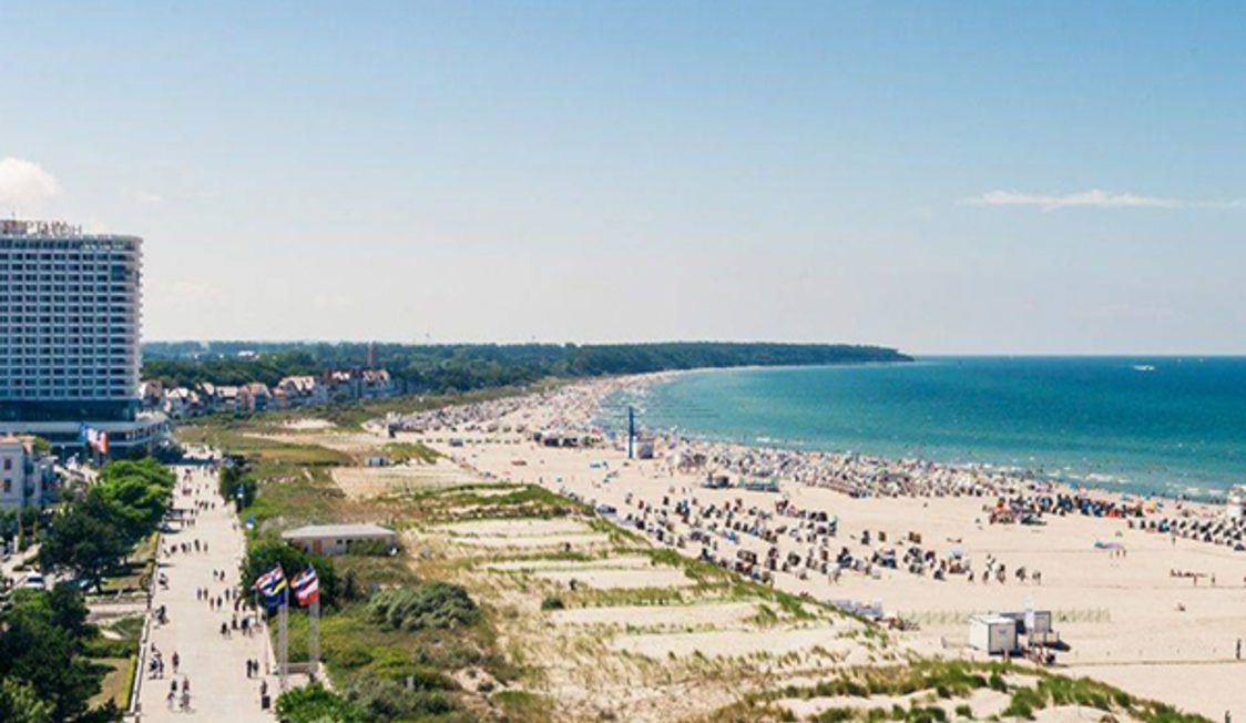 Strand och hav i Mecklenburg Vorpommern, fågelvy, med solbadare och promenad vid vattnet en solig dag.