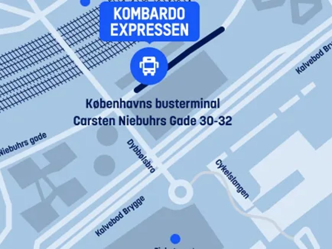 Kombardo Ekspressen rute kort med placering ved Københavns busterminal på Carsten Niebuhrs Gade 30-32.