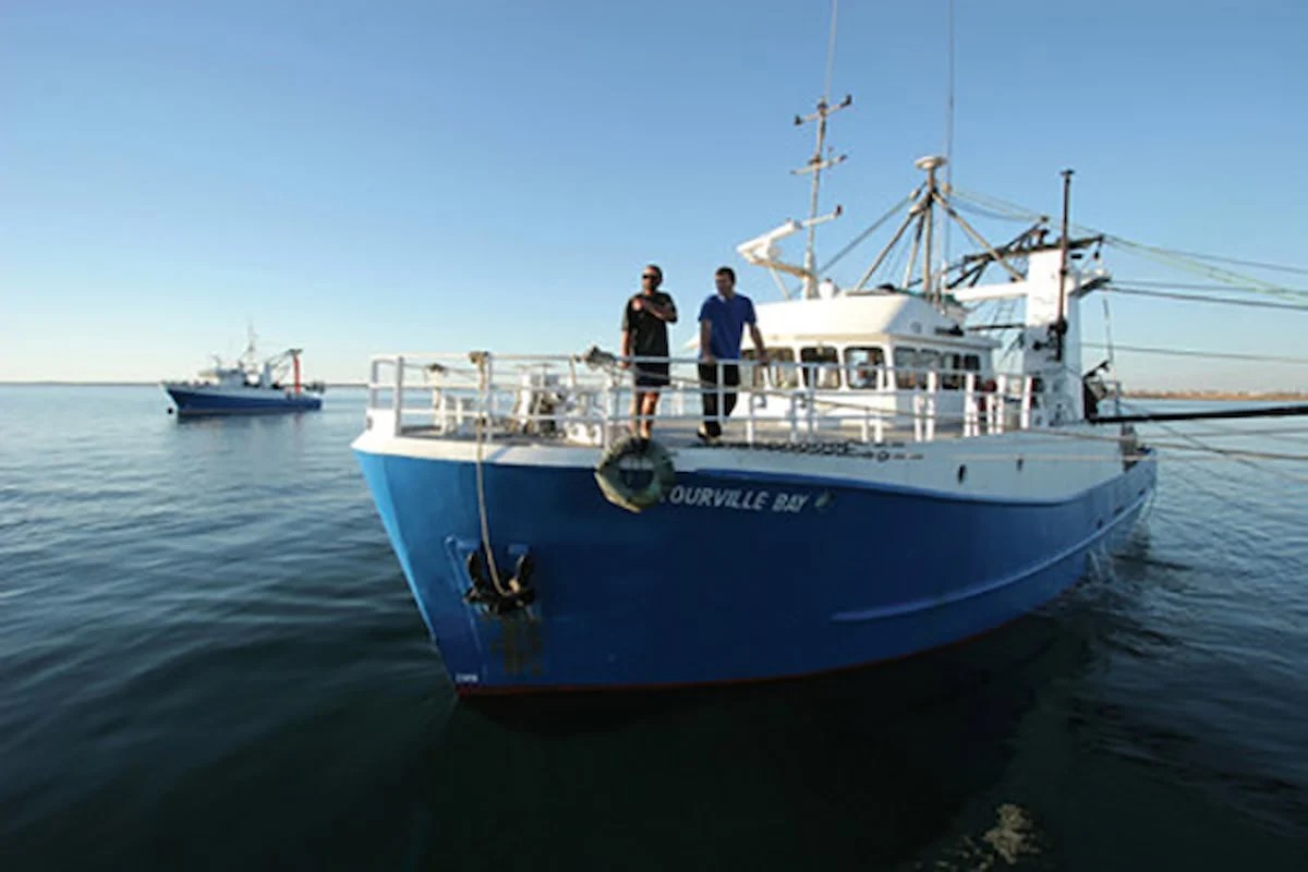 Blue fishing vessel with two people aboard sails in calm water under a clear blue sky.