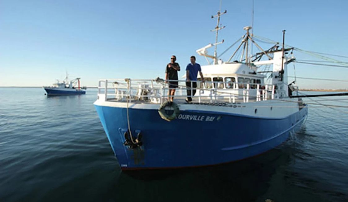 Blue fishing vessel with two people aboard sails in calm water under a clear blue sky.