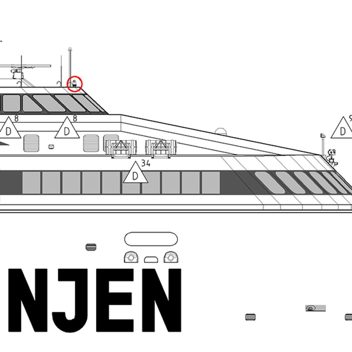 Molslinjen færge Express 3 teknisk tegning sidevisning med fokus på skibets overbygning og navigation.