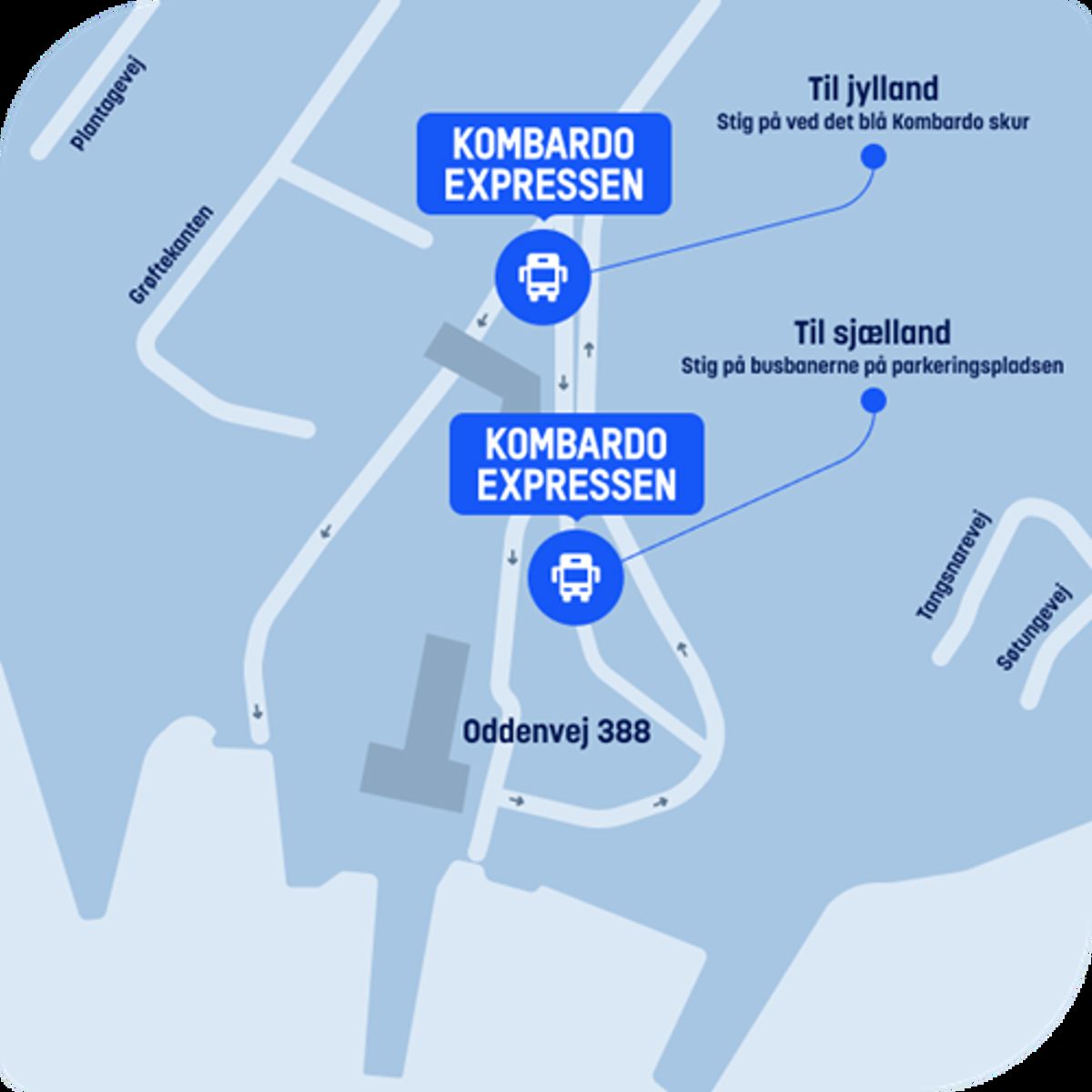 Kort over Kombardo Expressen ruter ved Oddenvej 388, viser stigtsteder til Jylland og Sjælland.