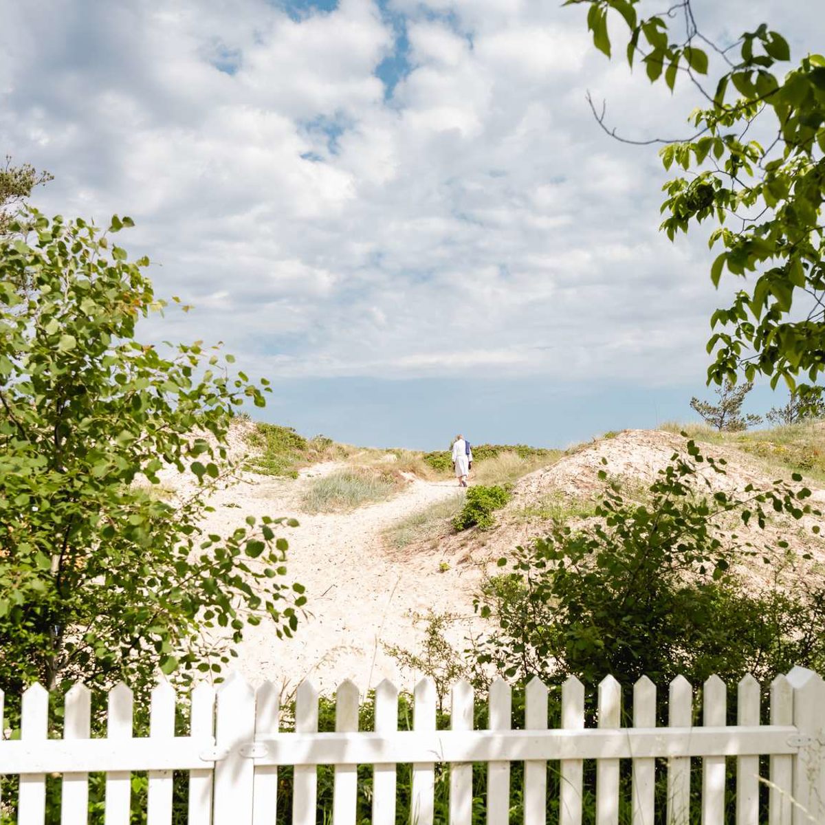 Person går i sanddyner bakom vitt staket med gröna blad och moln på himlen.
