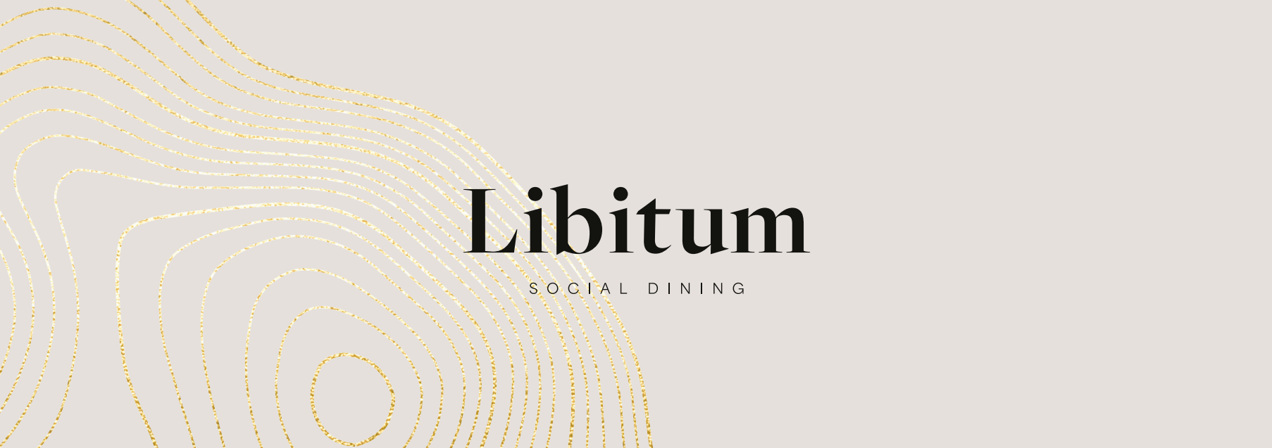 Libitum social dining-logotyp med eleganta guldvågmönster på ljusgrå bakgrund.