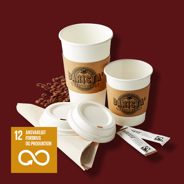 Genanvendelige papkrus fra Barista Coffee Shop med kaffebønner og sugerør på brun baggrund.