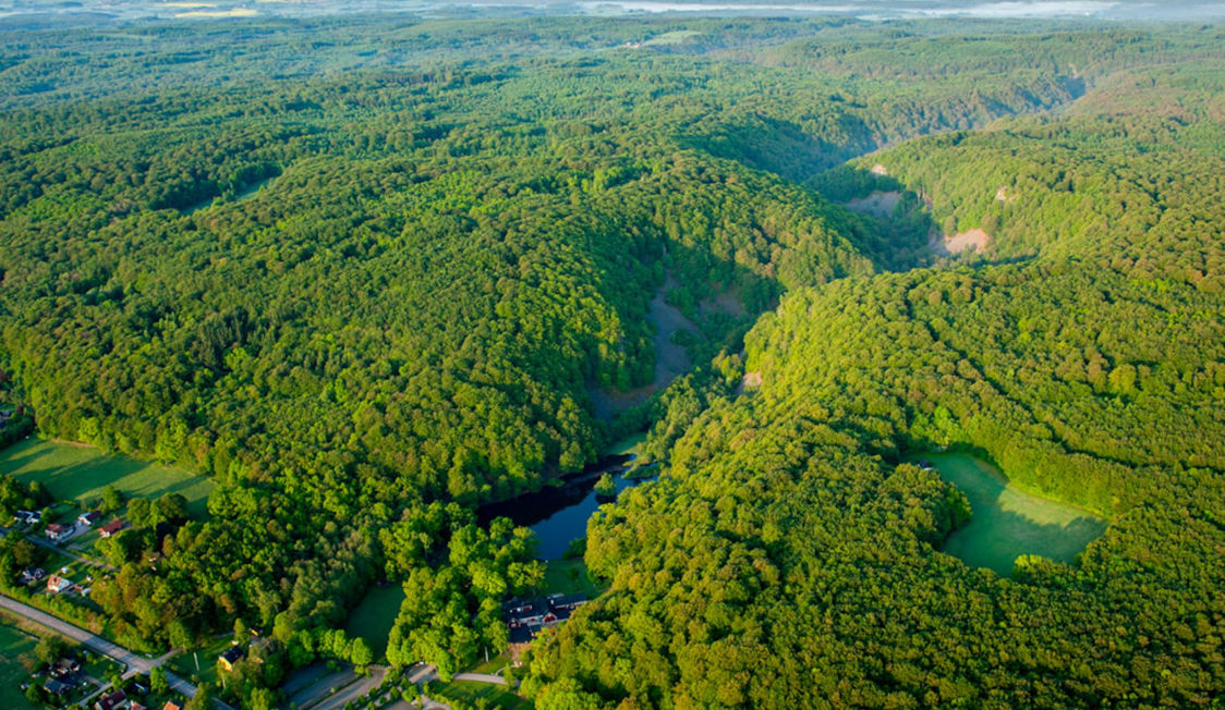 Flyfoto af frodig grøn skovlandskab i højderne med små søer og landsbyer i Århus-området i Danmark.