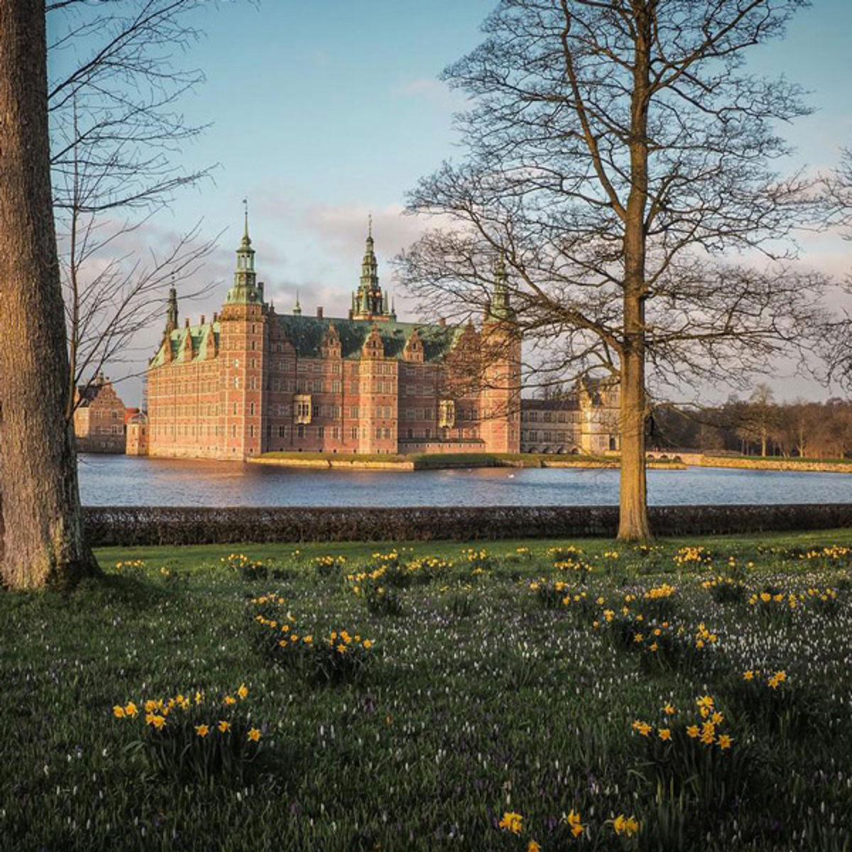 Frederiksborgs slott vid sjön med vårliga påskliljor i förgrunden, Nordsjælland, Danmark.