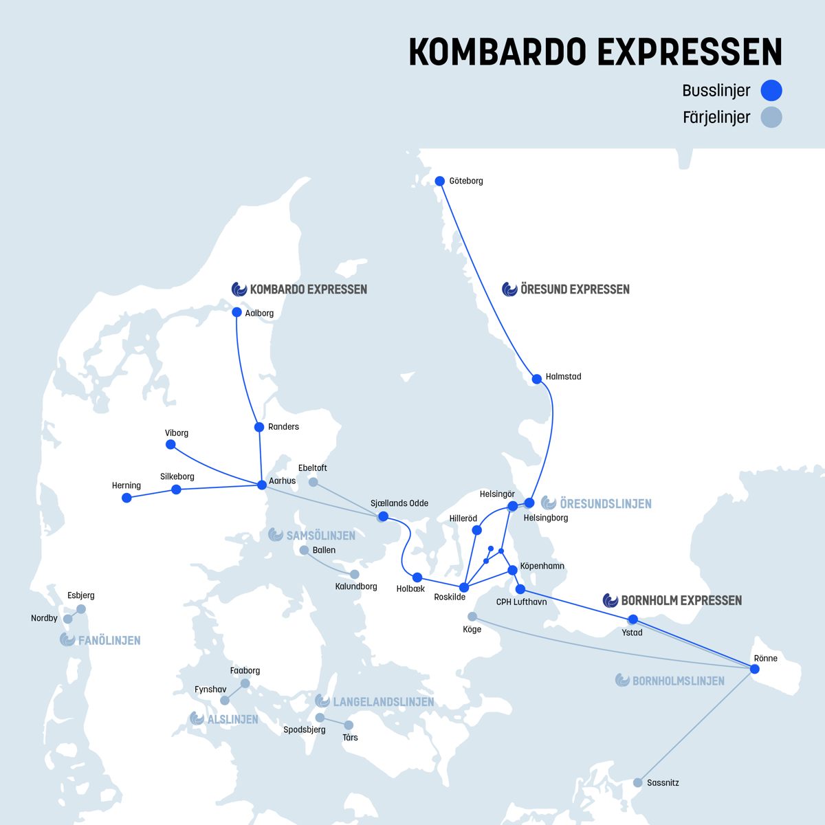 Karta över Danska väg- och färjelinjer med ortnamn i blått, inklusive Kombardo, Öresund och Bornholm Expressen.