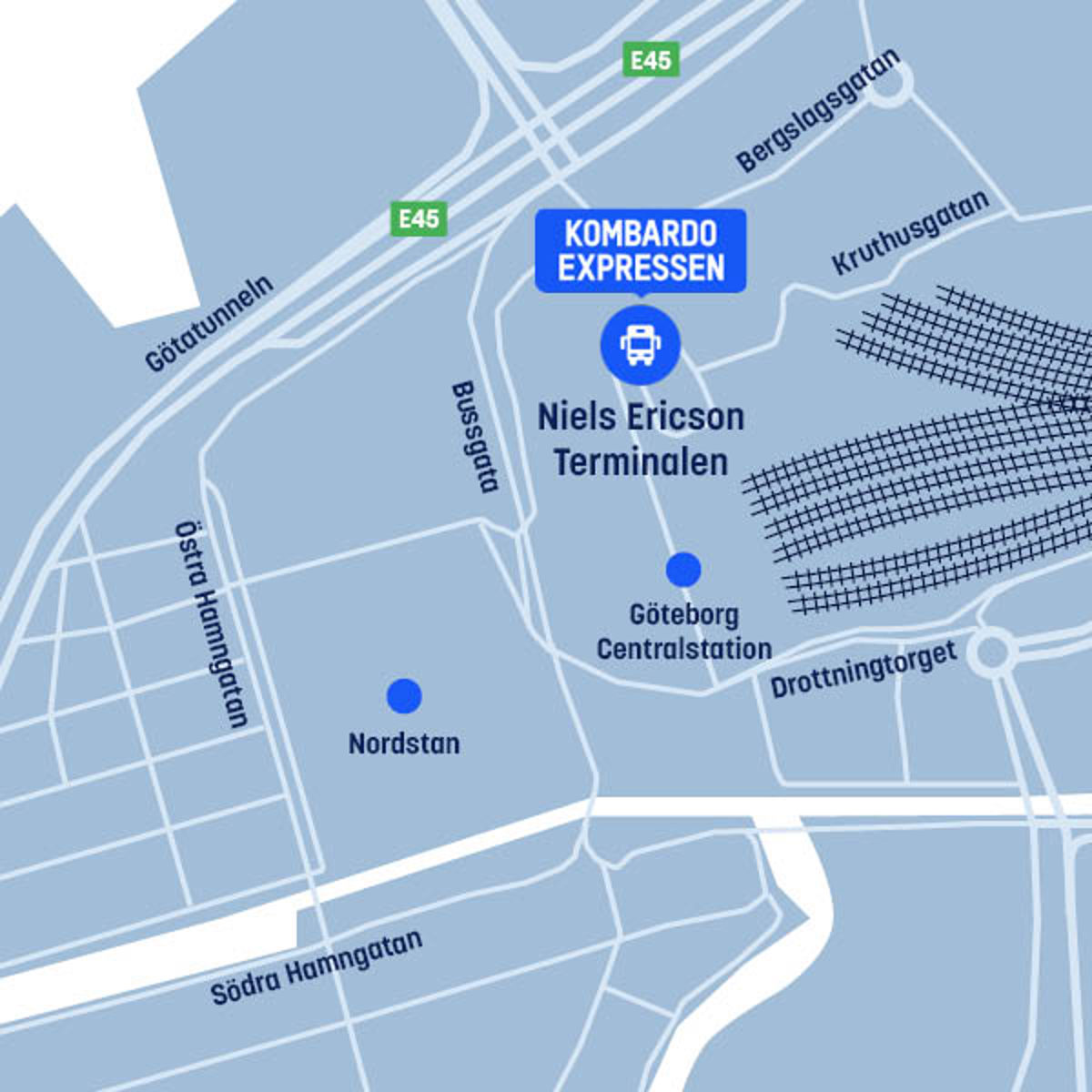 Karta över Göteborg med Niels Ericson Terminalen och Kombardo Expressen nära Göteborgs Centralstation.
