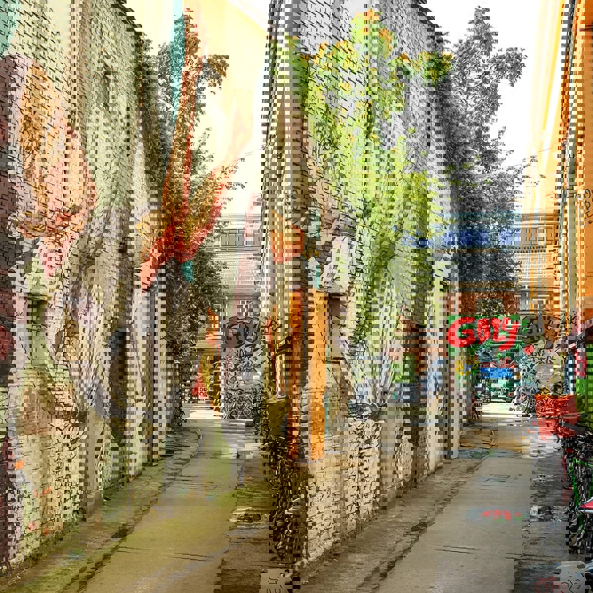 Gatukonst kan ses på väggarna på en liten smal gata i Berlin.