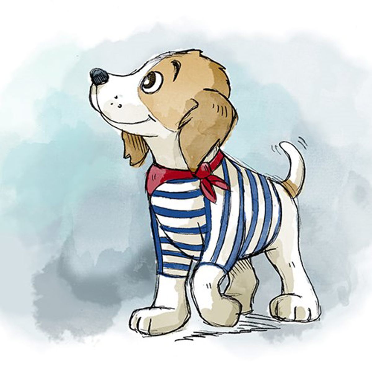 Tegning af hund i blåstribet trøje og rød tørklæde mod lyseblå baggrund, kigger opad med løftet hale.
