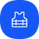 Ikon af sikkerhedsvest i hvidt på en blå baggrund.