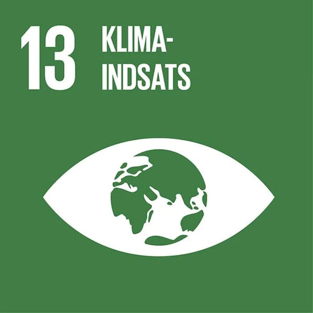 Verdensmål nummer 13 Klimainitiativ logo viser et øje med en grøn jordklode i midten på grøn baggrund.