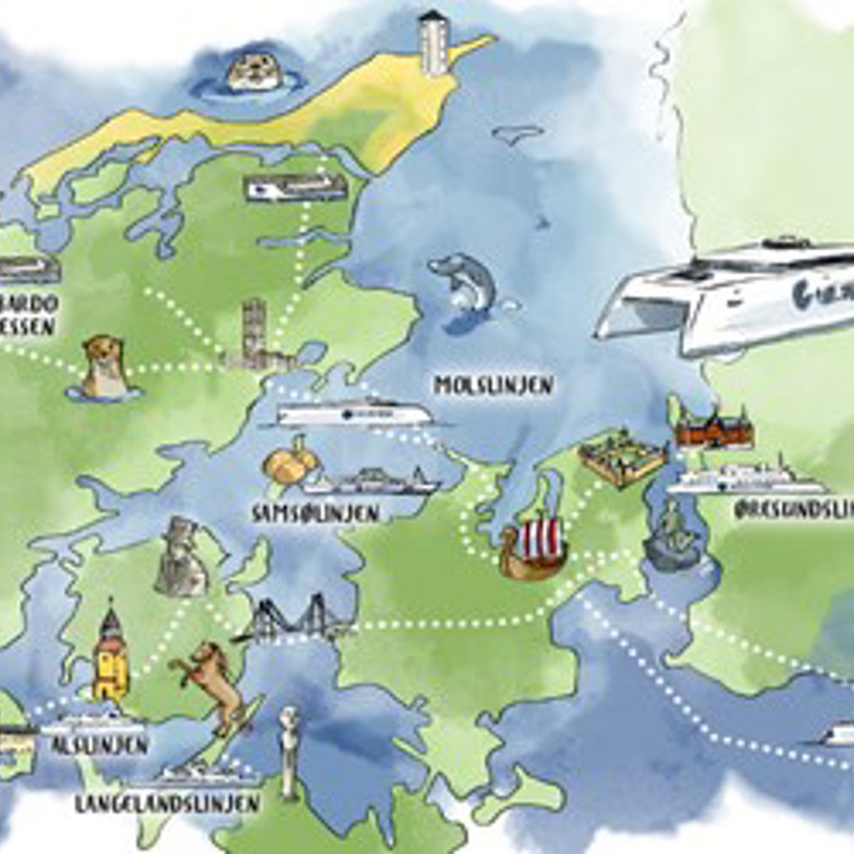 Molslinjen færge sejler på et illustreret kort over danske færgeruter og seværdigheder i Danmark.