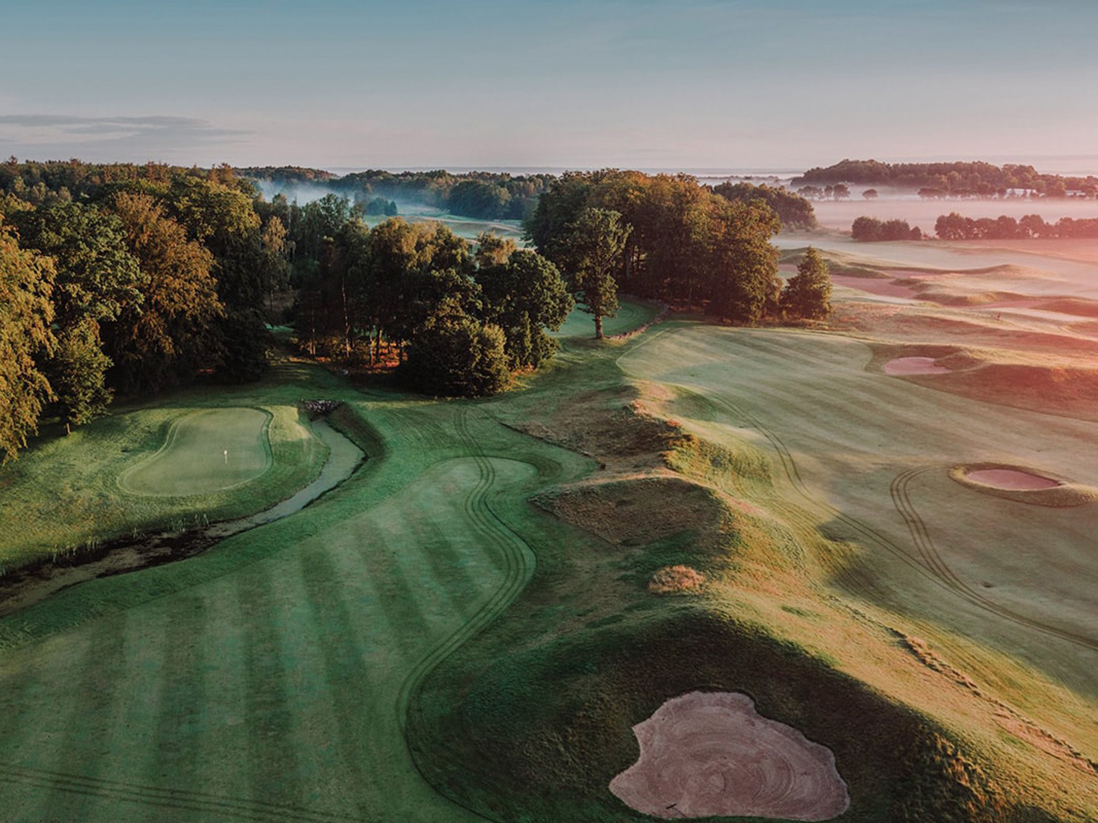 Golfbane set fra oven med frodige grønne fairways og træomkransede greens i morgendis.