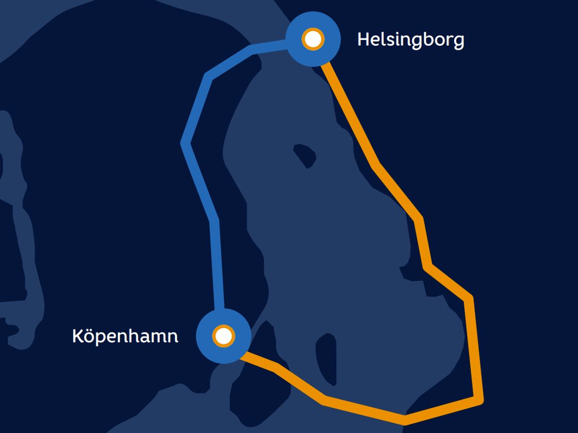 Karta över Skærmbillede-rutt mellan Helsingborg och Köpenhamn med blå och orange linje.