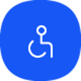Tilgængelighedsikon i hvidt på en blå baggrund, symboliserer adgang for personer med handicap.