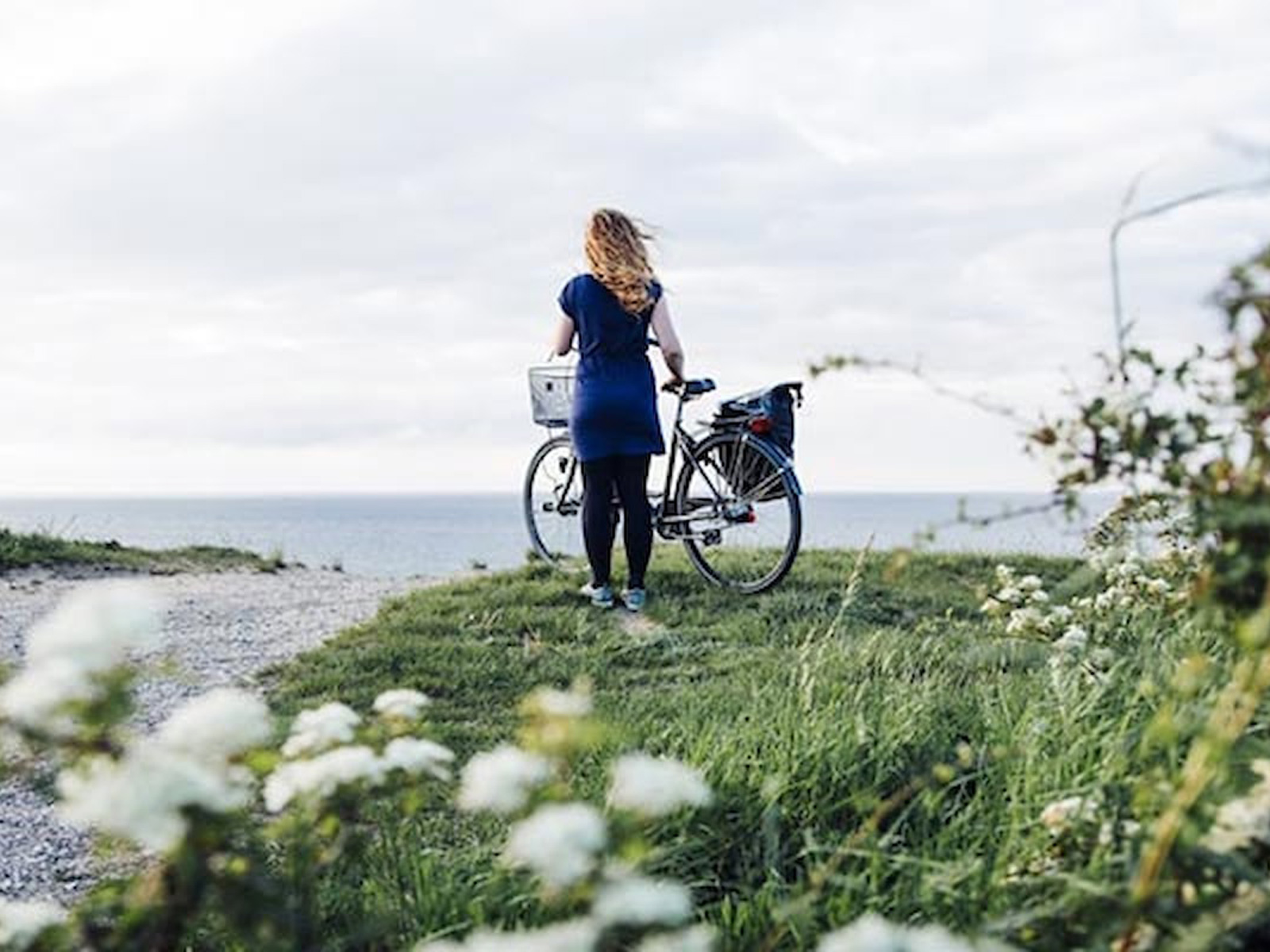 Kvinna med cykel Nordsjalland står vid havet på en grön äng, vy bakifrån.