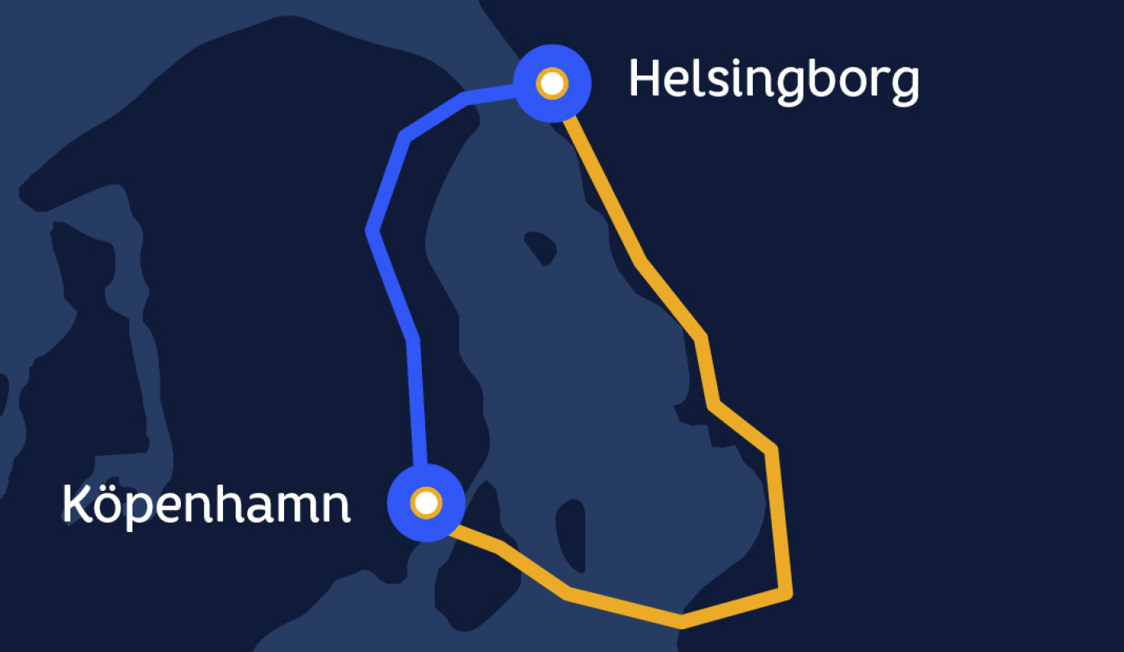 Ruttkarta med blå och orange linje mellan Köpenhamn och Helsingborg för Forside Rute SE.