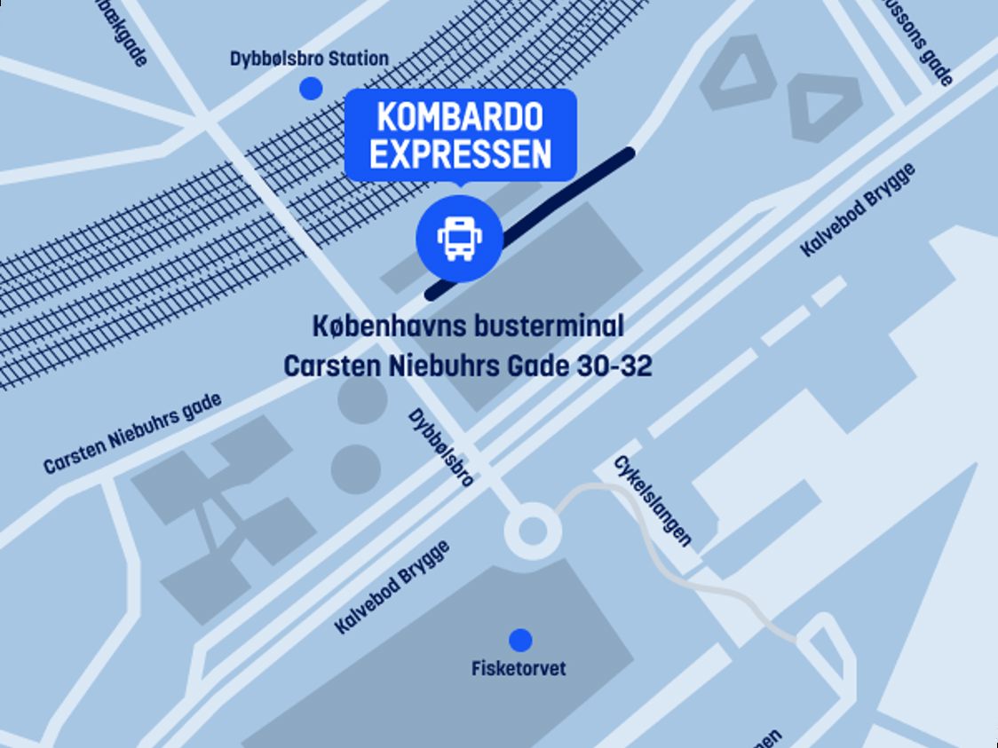 Kort viser placering af Kombardo Expressen ved Københavns busterminal, Carsten Niebuhrs Gade 30-32.