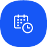 Kalender-ikon med klokke over blå baggrund, illustrerer tidsplanlægningsfunktion.