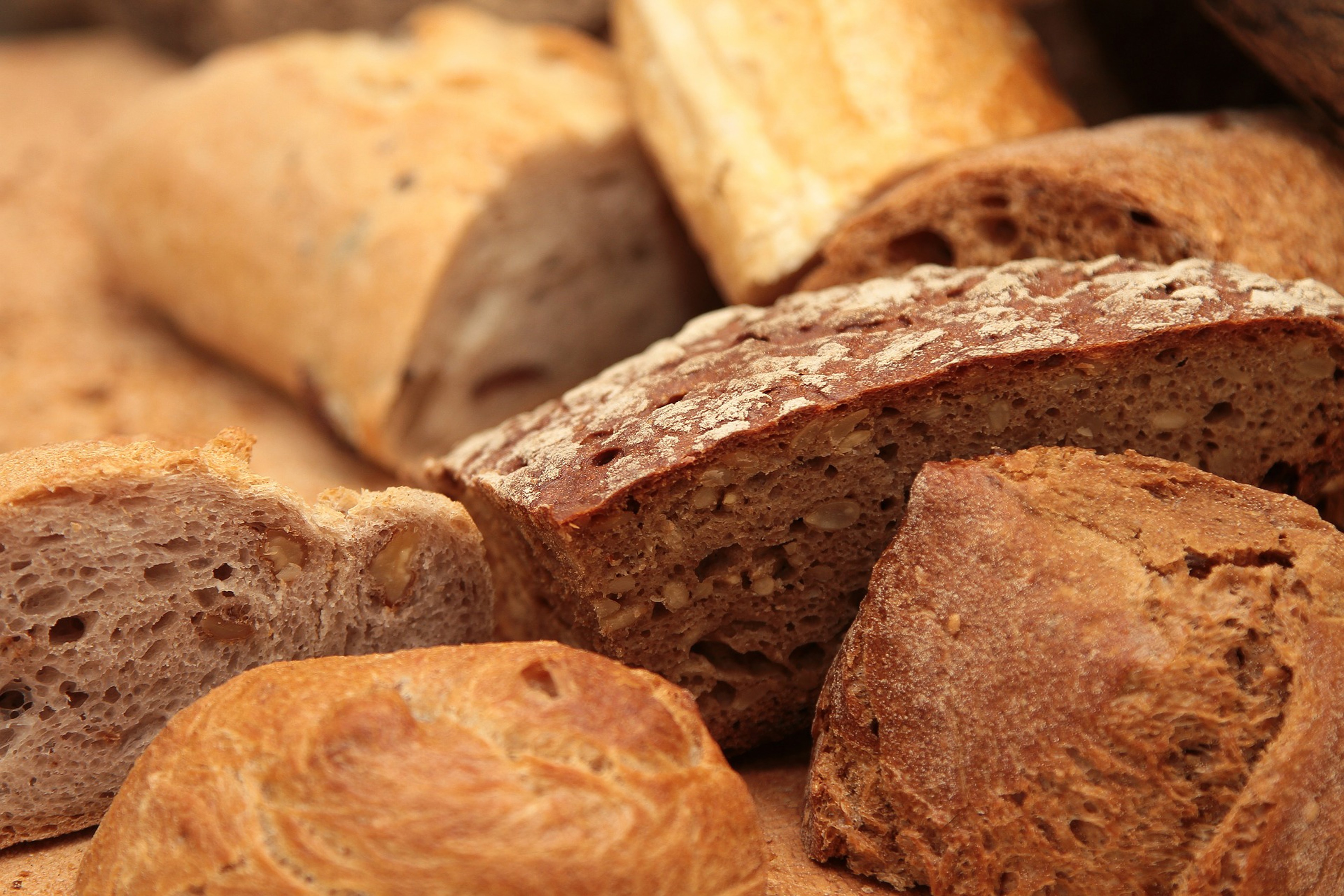 Forskellige typer friskbagt brød, herunder flerkornsbrød og baguettes, vist i nærbillede på træbord.