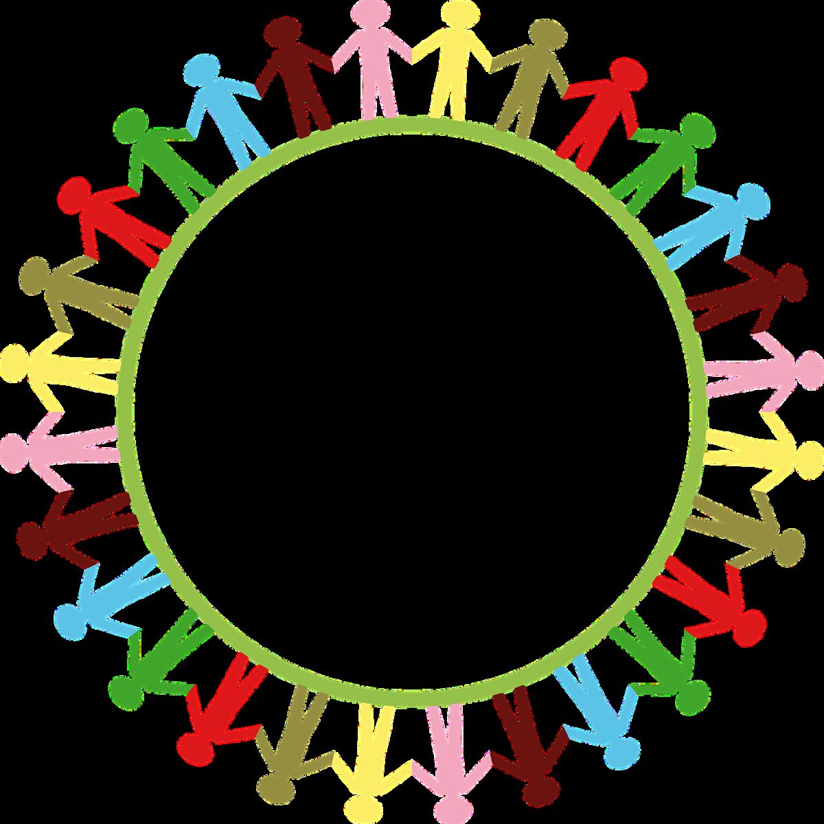 Olika färgglada silhuetter av människor håller varandra i handen i en cirkel runt en svart cirkel.