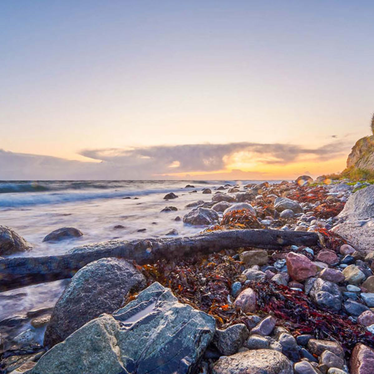 Ein felsiger Strand auf Samsø bei Sonnenuntergang mit goldenem Licht, das Meer im Hintergrund und eine friedliche Atmosphäre.
