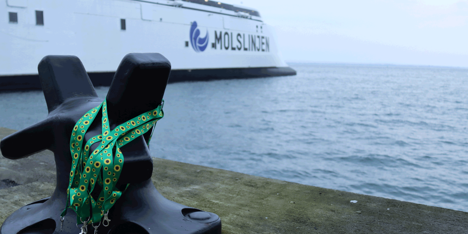 Molslinjen færge ligger til kaj med et sort fortøjningsklampe og grønt bånd med solsikkemønster.