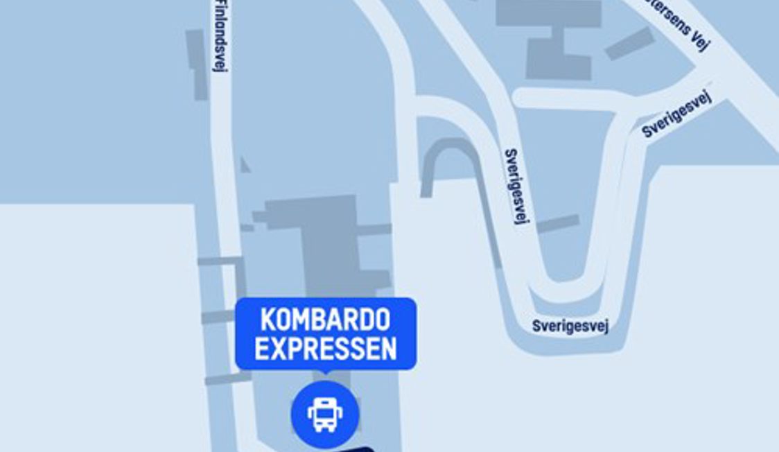 Kort, der viser placeringen af det nye Kombardo Expressen Rønne Stop på Finlandsgade 7, 3700 Rønne.