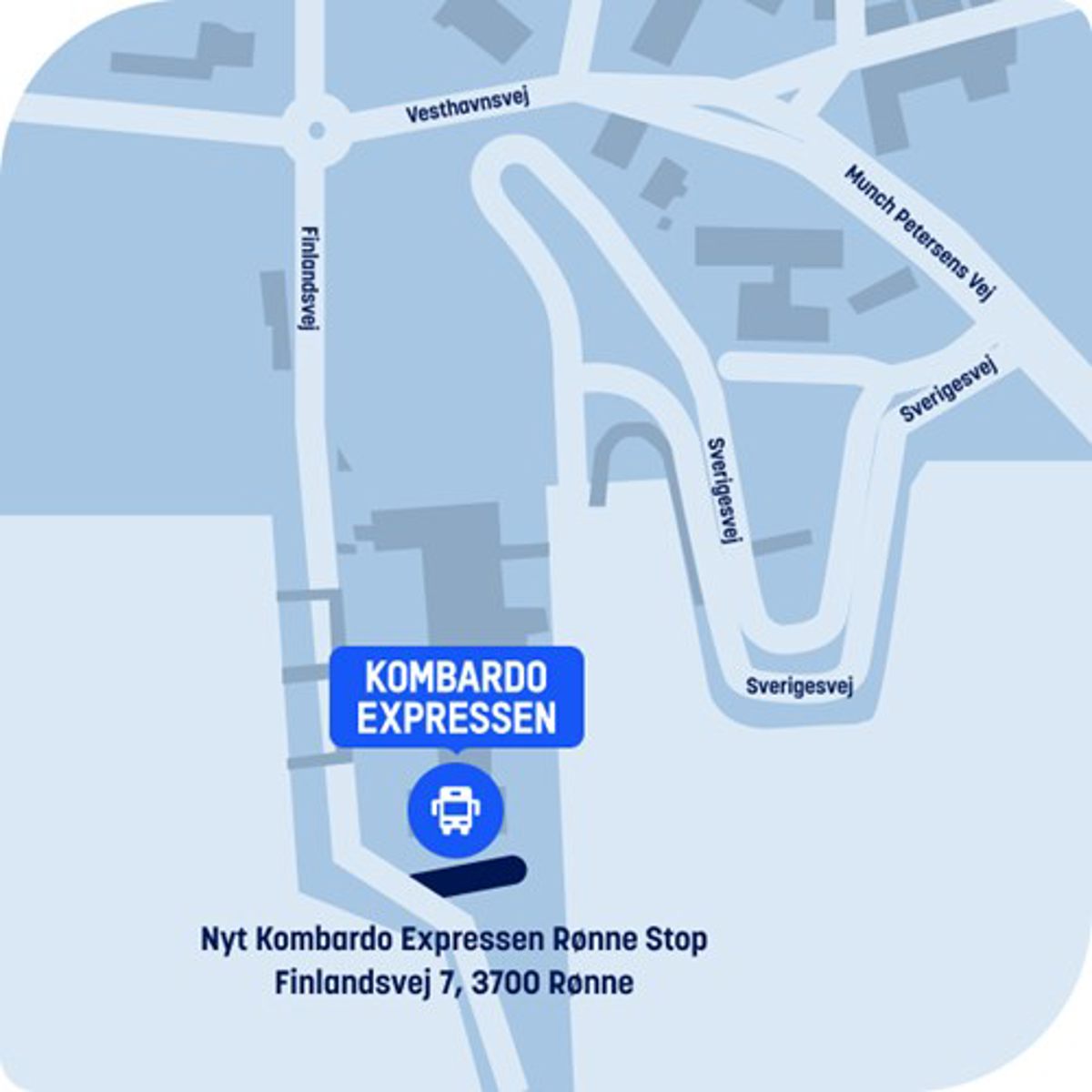 Kort, der viser placeringen af det nye Kombardo Expressen Rønne Stop på Finlandsgade 7, 3700 Rønne.