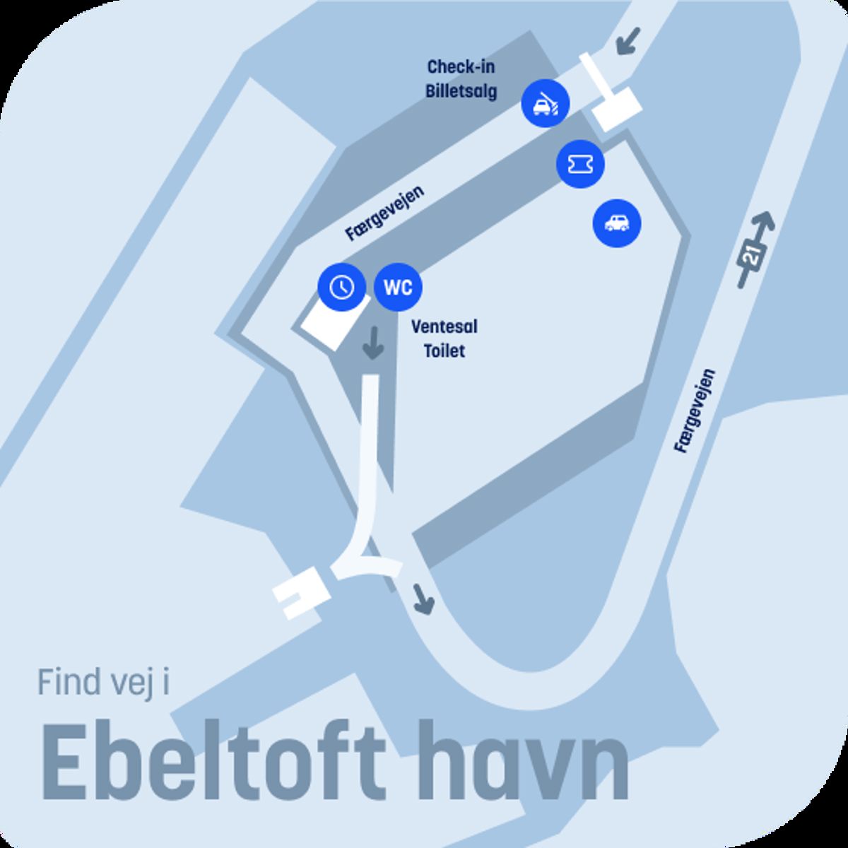 Find vej til Ebeltoft Havn kort med markeringer for check-in, billetsalg og faciliteter som toiletter og venteområde.