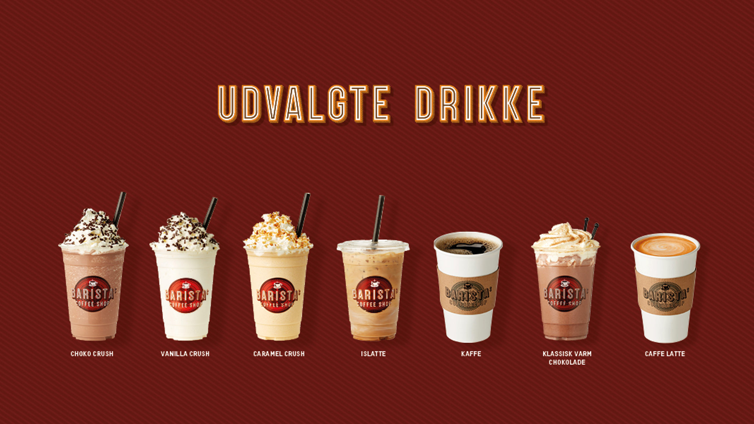 Selection of drinks from Barista Coffee Shop featuring six assorted coffee beverages against a brown background.