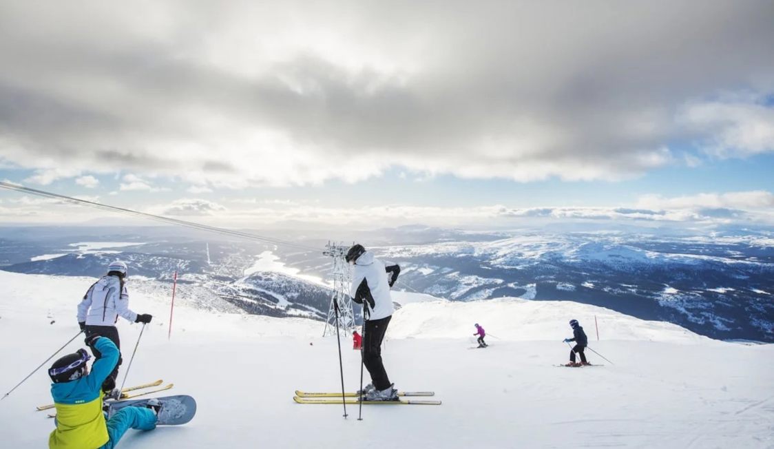 Skiløbere på snedækket bjergtop nyder udsigten over skovklædte dale under en overskyet himmel.